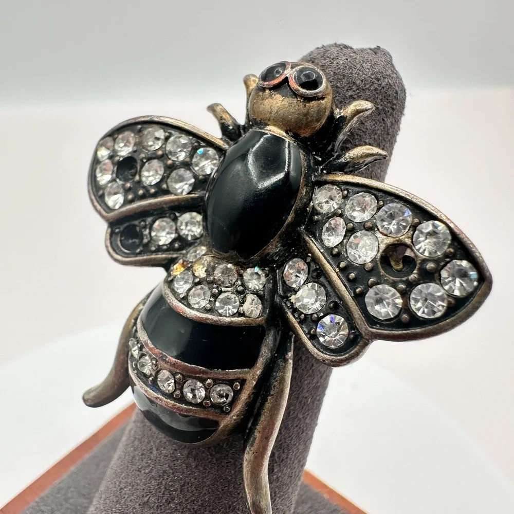 Vintage 80s Rhinestone Bee Statement Ring - Fashion Jewelry